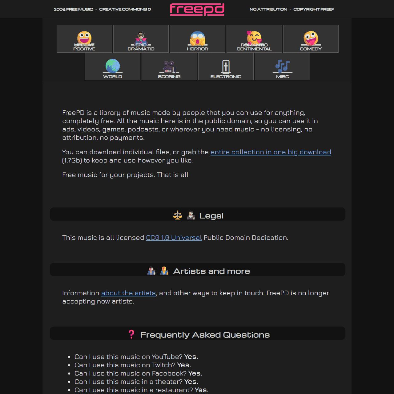 FreePD.com - Free Public Domain Music Creative Commons 0 Completely Royalty Free